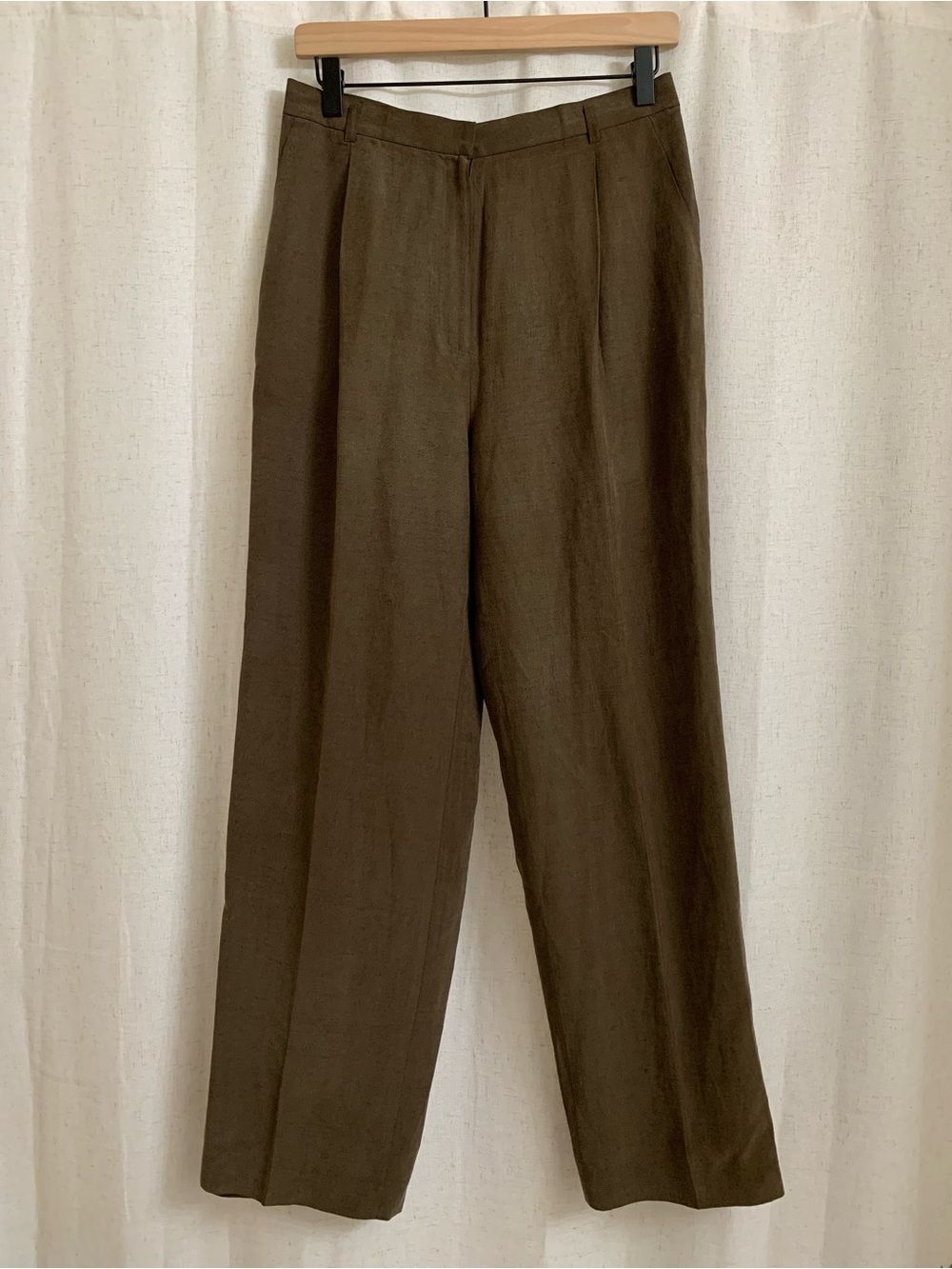 Jones New York Silk Linen Dark Olive Brown Vintage Straight-Leg Trousers Tall
